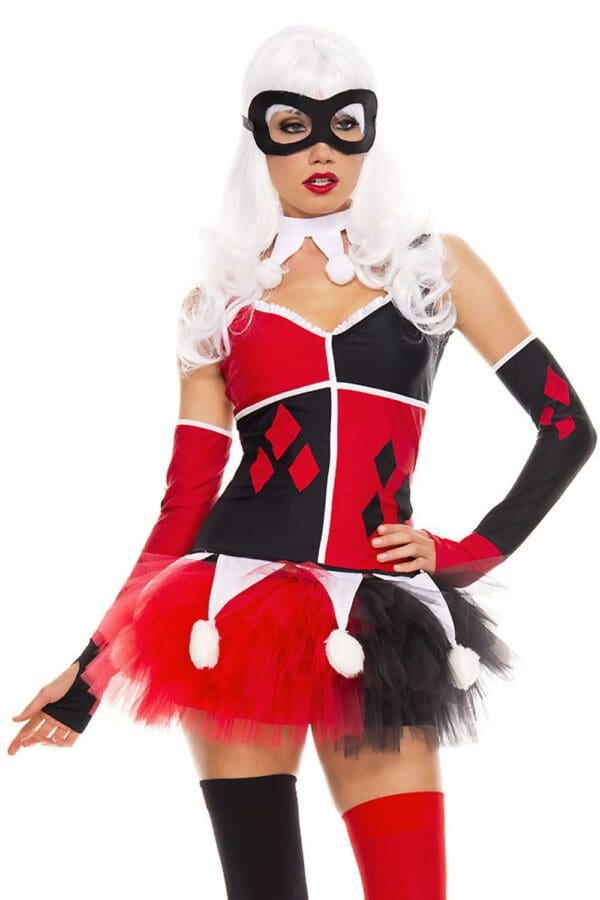 5 PC. Ladies Harlequin Jester Black/Red Costume Dress Set